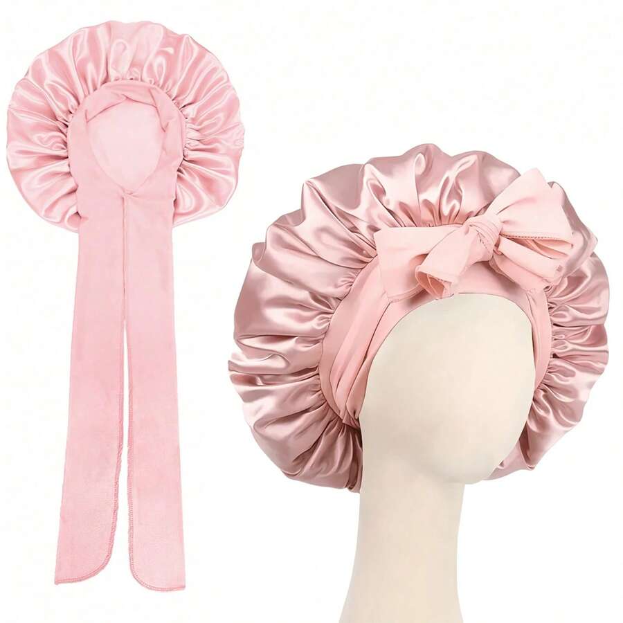 Awegeo 1pc Solid Color Satin Bonnet With Bow, Large Silk Sleep Cap For Women, Adjustable Elastic Band Hair Care Night Cap - Multicolor - View 1