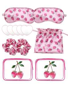 Cute Strawberry Print Travel Beauty Accessories,Eye Mask + Hair Scrunchie + Drawstring Pouch + Clear Makeup Bag + Heart Mini Mirror,Women Portable Travel Beauty Accessories Set,Beauty Products,Souvenir, For Travel,Back-To-School,Gifting,Home Use - Multicolor - View 1