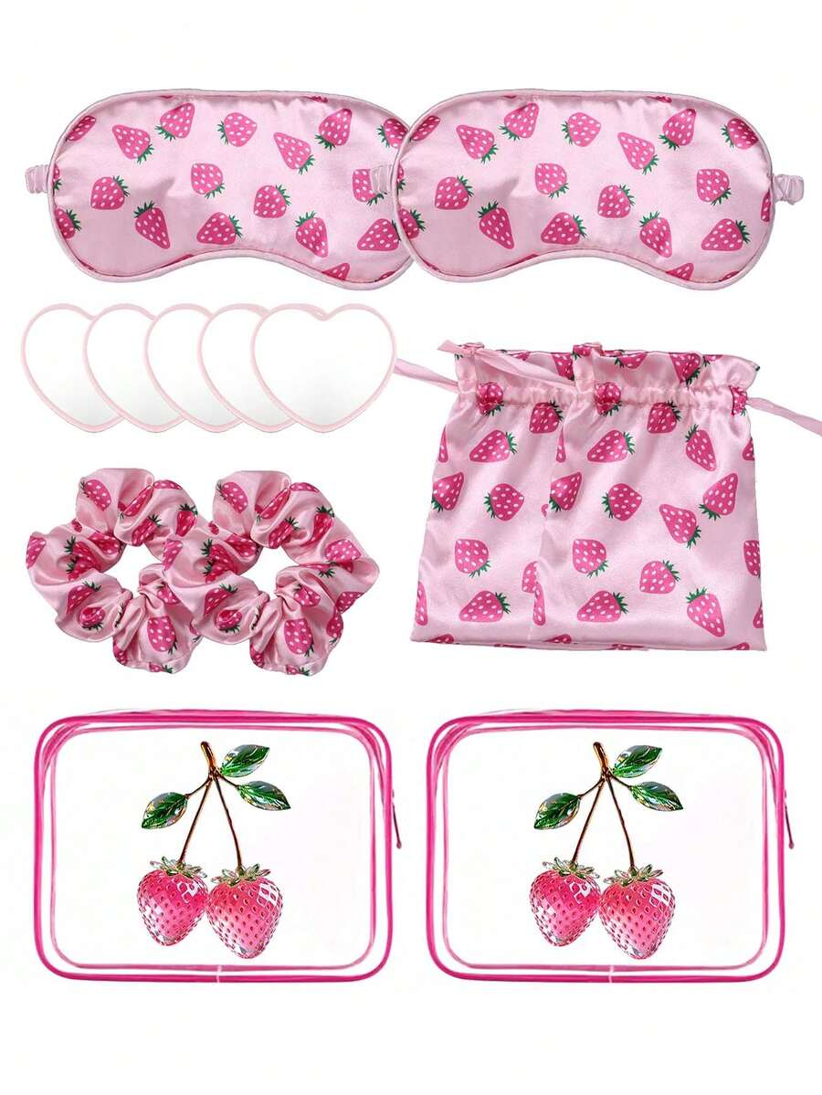 Cute Strawberry Print Travel Beauty Accessories,Eye Mask + Hair Scrunchie + Drawstring Pouch + Clear Makeup Bag + Heart Mini Mirror,Women Portable Travel Beauty Accessories Set,Beauty Products,Souvenir, For Travel,Back-To-School,Gifting,Home Use - Multicolor - View 1