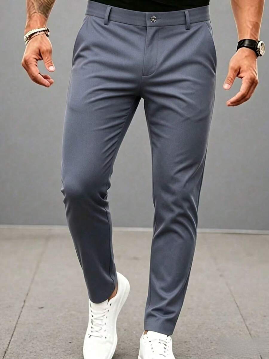 Men's Thin Summer Cargo Pants, Solid Color Casual Commuter Straight Leg Long Trousers, Belt Not Included - Grey - View 1
