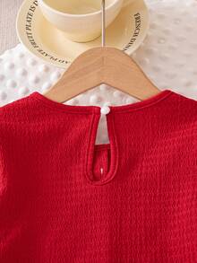 Girls' Casual Fashion Solid Color Bow & Print Flutter Sleeve Long Sleeve Top And Straight Leg Pants 2 Pieces Set, Spring/Autumn - Red - View 4