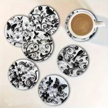 6pcs Black & White Floral Art Acrylic Coasters, Suitable For Patio Table, Kitchen, Living Room - Best Gift For Friends And Family - Multicolor - View 5