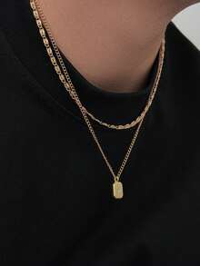 2pcs Minimalist Double Layer Stackable Chain Necklace, Textured Figaro Chain Paired With Thin Cuban Chain, Embellished With Small Star Square Dog Tag Pendant, Casual Men's Neck Accessory - Gold - View 1