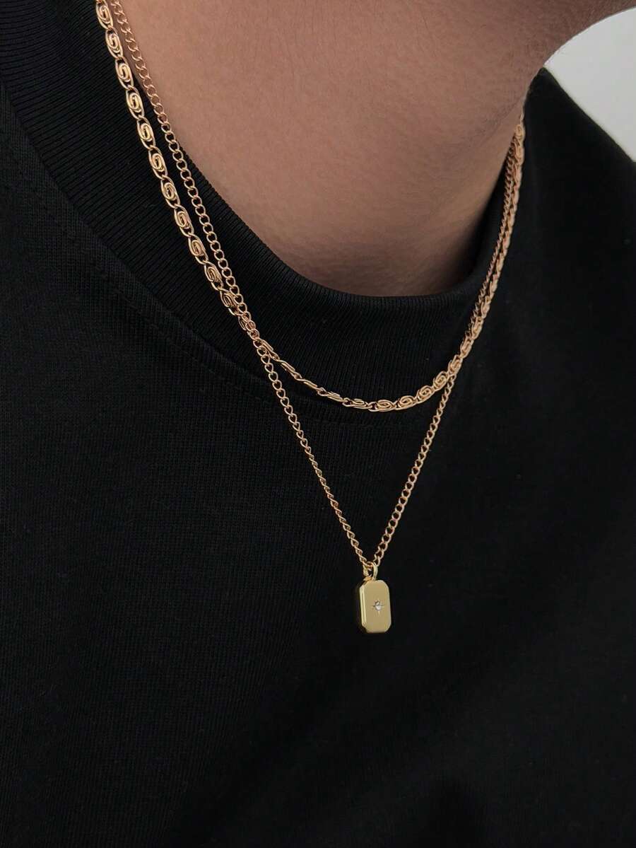 2pcs Minimalist Double Layer Stackable Chain Necklace, Textured Figaro Chain Paired With Thin Cuban Chain, Embellished With Small Star Square Dog Tag Pendant, Casual Men's Neck Accessory - Gold - View 1