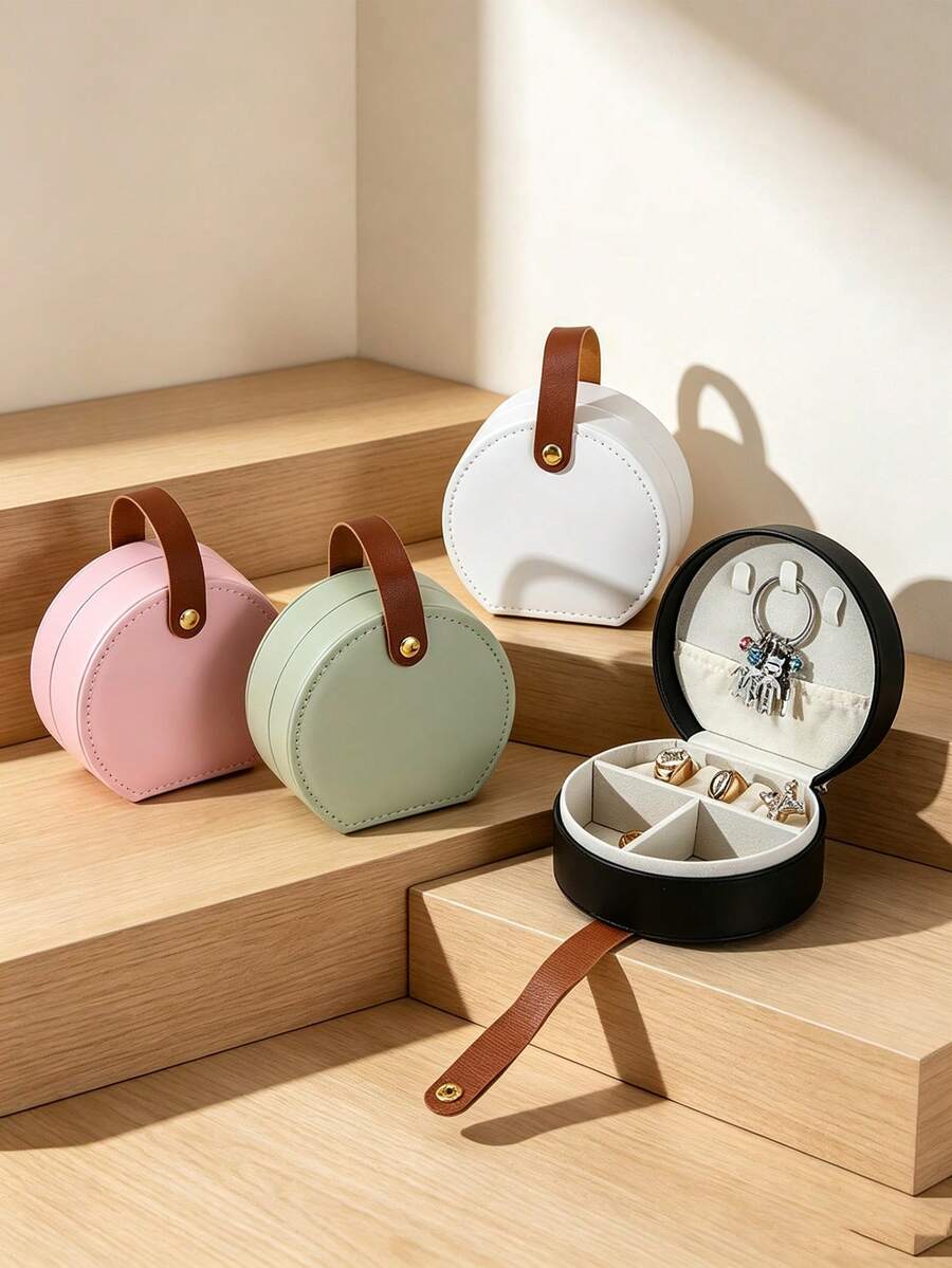 1pc/6pcs Portable Round Jewelry Storage Box With Handle, Multi-Compartment Interior, Soft Lining Anti-Scratch, Mini PU Leather Travel Jewelry Box, Compact Size, Suitable For Storing Rings, Earrings And Small Accessories