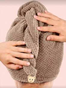 1pc Super Absorbent Microfiber Scarf With Bear Buckle, Women's Quick-Drying Anti-Curl Hair Towel, Soft Coral Fleece Turban Hat, Suitable For Thick Long Hair - Multicolor - View 7