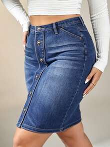 Rok A-Line Wanita Motif Efek Denim, Potongan Ramping Elegan - Biru - View 3