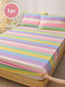 1pc Rainbow Striped Japanese Style Fitted Sheet, 30cm Deep Pocket, All Season Mattress Cover, Twin Full Queen King - Multicolor - View 1