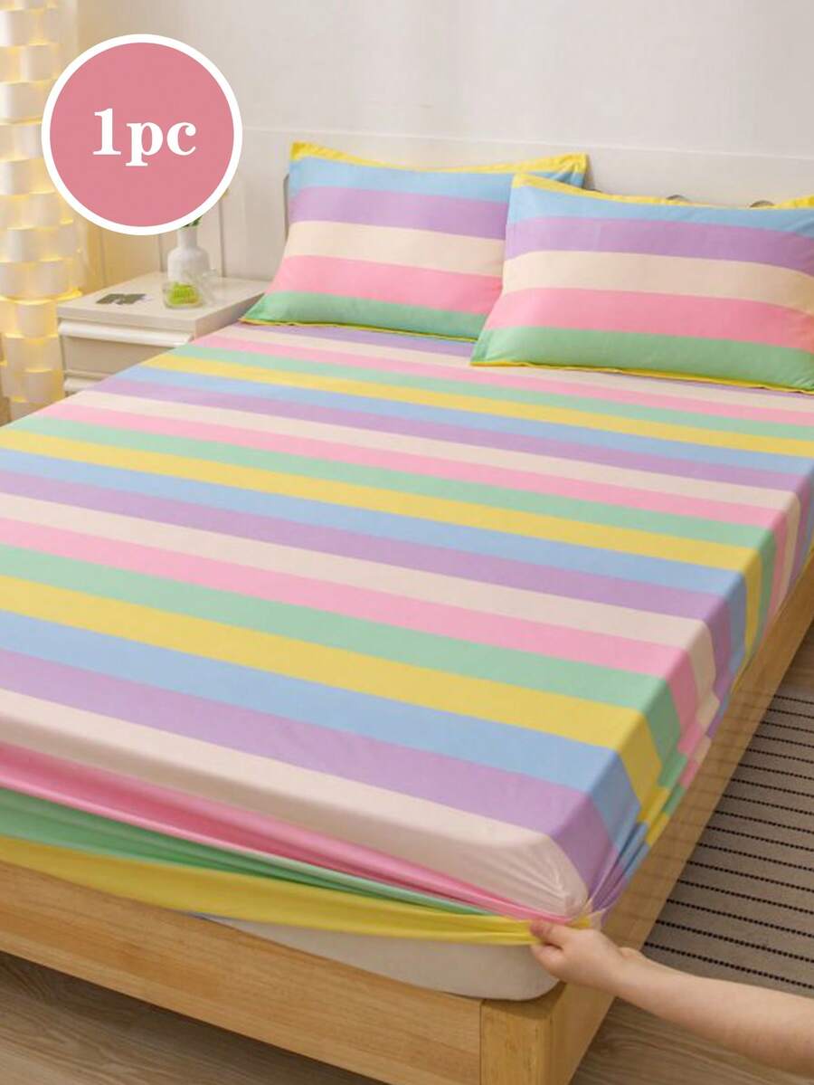 1pc Rainbow Striped Japanese Style Fitted Sheet, 30cm Deep Pocket, All Season Mattress Cover, Twin Full Queen King - Multicolor - View 1