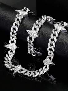 European & American Hip Hop Full Rhinestone Diamond Rhombus Spike Patchwork Cuban Chain Necklace & Bracelet Set, Heavy Rhinestone Studded Thick Chain, Unisex Rap Street Style Accessories, Gold & Silver Dual Colors Available - Spiked Cuban Link Chain - View 12
