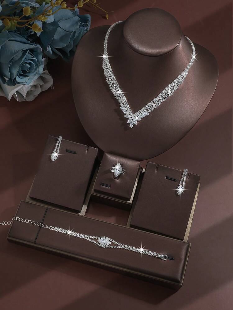 5pcs Luxury Rhinestone Inlaid Teardrop Necklace, Earrings, Bracelet, Ring Jewelry Set, Elegant & Fashionable For Wedding, Party, Daily Commute - Silver - View 4