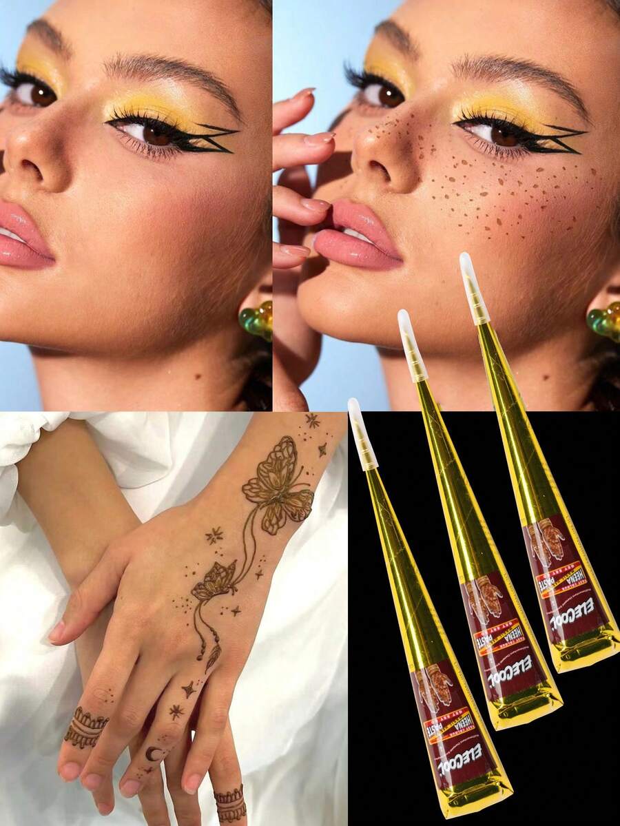 3pcs/Set Chestnut Henna Tattoo Cream With Storage Box, Semi-Permanent Body Painting Ink For Wrist And Body, Long-Lasting Color Retention, Plant-Based Tattoo Ink