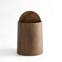 Faux Wood Grain Flip Lid Trash Can, Cylindrical With Lid Waste Bin, Home Decor - Multicolor - View 3