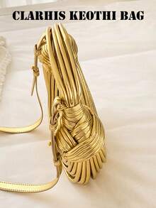 Ladies Luxury Shiny Gold Strap Design Crescent Handbag, Knotted Wrapped Handle Detachable Crossbody Strap For Formal Events Daily Styling - Gold - View 3