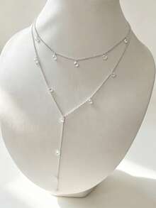 925 Sterling Silver Rhodium Plated Necklace With Cubic Zirconia Tassel, Layerable - Silver - View 4