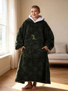 Hooded Pumpkin Wearable Blanket Bathrobe, Suitable For Cold Weather, Multiple Colors Available: Beige, Light Gray, Navy Blue, Orange Red, Pumpkin Embossed Pattern, Heavyweight Thickened Flannel Lining With Lamb Fleece, Long Pile Texture - Multicolor - View 8