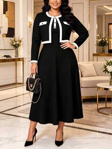Plus Size Women's Elegant Spring To Summer 2-Piece Set, Contrast Trim Button Cardigan With Solid Color Long Dress - Black - View 3