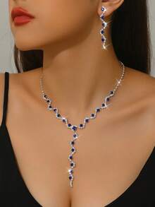 Y-Shaped Rhinestone Set Fashion Evening Party 1 Necklace 1 Pair Earrings - Blue 978 - View 1