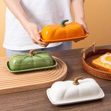 1pc Pumpkin Shaped Ceramic Butter Dish With Lid, Autumn Harvest Thanksgiving Decorative Butter Container, Covered Butter Tray For Kitchen Counter Dining Table Home Party, Thanksgiving Harvest Gift For Kitchen Lovers - View 8