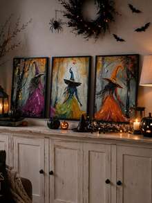 Ensemble de 3 pièces d'art mural de sorcières d'Halloween, imprimé de sorcières colorées dans une forêt d'automne, affiche abstraite moderne, décoration d'automne effrayante, art mural sans cadre pour le salon, la chambre, le bureau, le café, décoration de la maison pour Halloween, Thanksgiving, Noël et les fêtes - Style abstrait A - Voir 1