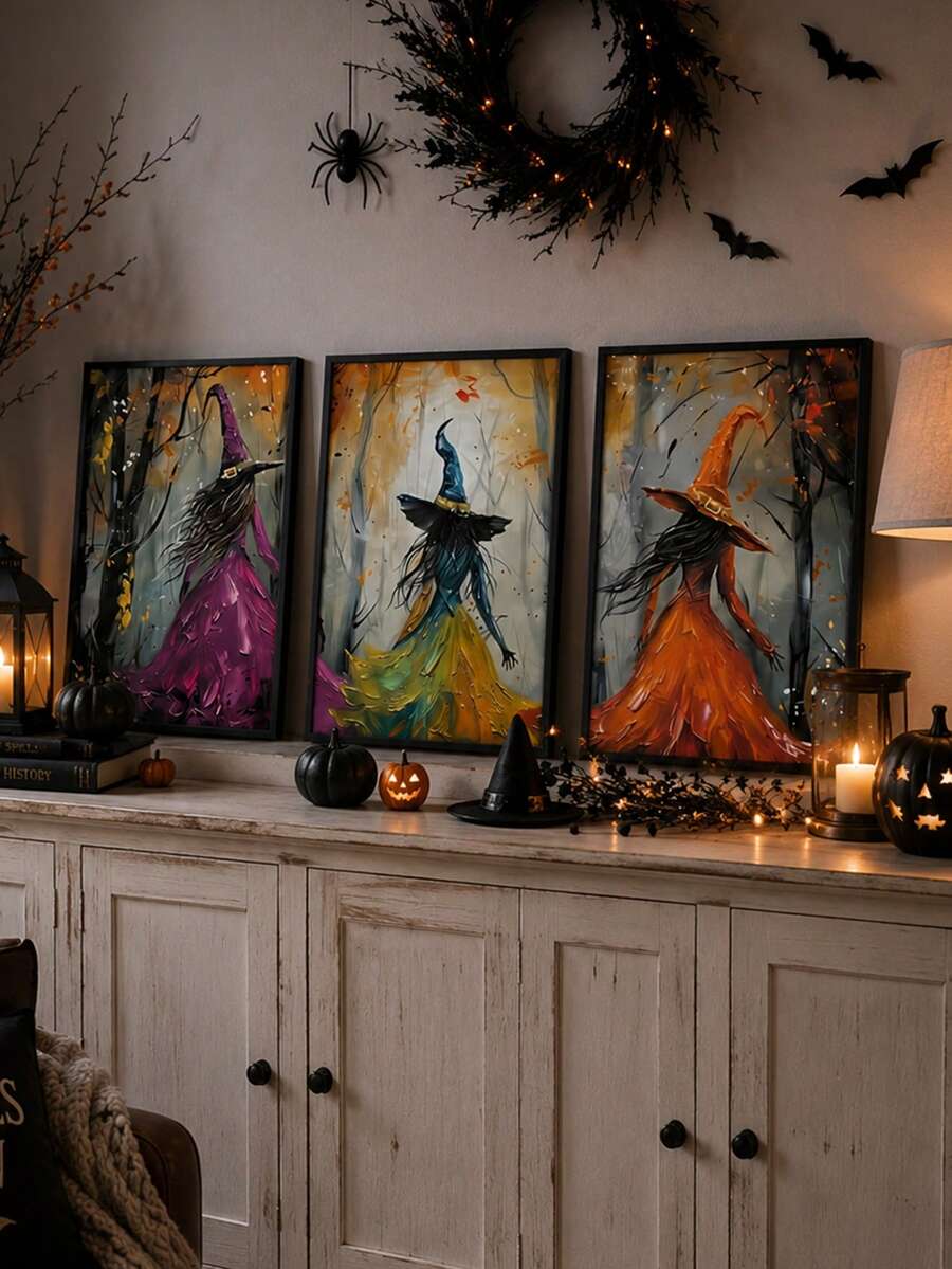 Ensemble de 3 pièces d'art mural de sorcières d'Halloween, imprimé de sorcières colorées dans une forêt d'automne, affiche abstraite moderne, décoration d'automne effrayante, art mural sans cadre pour le salon, la chambre, le bureau, le café, décoration de la maison pour Halloween, Thanksgiving, Noël et les fêtes - Style abstrait A - Voir 1