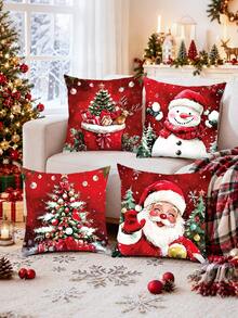 4Pcs Christmas Red Pillow Covers, 45*45cm Throw Pillowcase With Santa Claus, Snowman, Christmas Tree Design, Cushion Cover, Merry Christmas Decorations, Christmas Decoration, Xmas Decor, Christmas Decor, Winter Home Decor, Living Room Bedroom Zipper Pillowcase (Pillow Insert Not Included) - Multicolor - View 2