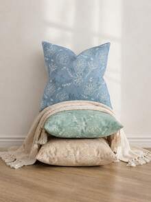 Floral Pillowcase, Linen Texture Decorative Pillowcase With White Line Floral Pattern, Perfect Decorative Pillow For Sofa, Bed, Home And Outdoor Use - Blue - View 6