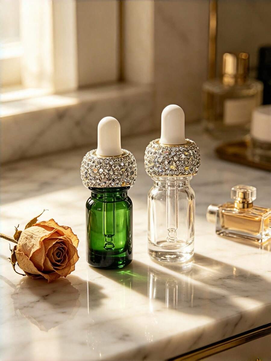 Botol Pipet Kaca Bertabur Berlian Imitasi, Pipet Portabel Isi Ulang untuk Serum, Parfum, Minyak Esensial, dan Cairan Perawatan Kulit, untuk Perjalanan, Pesta, Tas, Rutinitas Perawatan Kulit Sehari-hari, Desain Kerah Perak Bertabur Kristal, Botol Mini Isi Ulang, Botol Kecantikan Glamor yang Dapat Digunakan Kembali - View 1