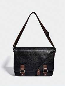 Men's Vintage Business Crossbody Bag, Flap Messenger Bag, Multi-Compartment Large Capacity, Shoulder Bag, PU Leather, Textured, Colorblock Satchel - Black - View 11