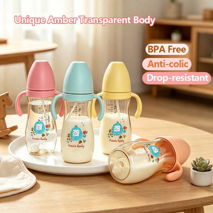 1 pieza Biberón de material PPSU, resistente al calor hasta 180℃, se puede esterilizar con vapor a alta temperatura, tetina de silicona suave anticólicos, material suave, resistente a mordeduras, equipado con bola de gravedad, succión suave, doble asa, adecuado para las manos pequeñas del bebé, gran capacidad de 320ml, adecuado para bebés de 6 meses en adelante - Multicolor - Ver 1