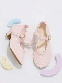 1 Pair Girls Pink Mesh With Pink Pearlescent Strap Buckle Sweet Style High Heel Sandals Suitable For Shopping And Performance - Pink - View 4