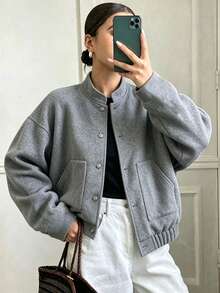 Autumn Casual Commute Grey Jacket - Grey - View 8