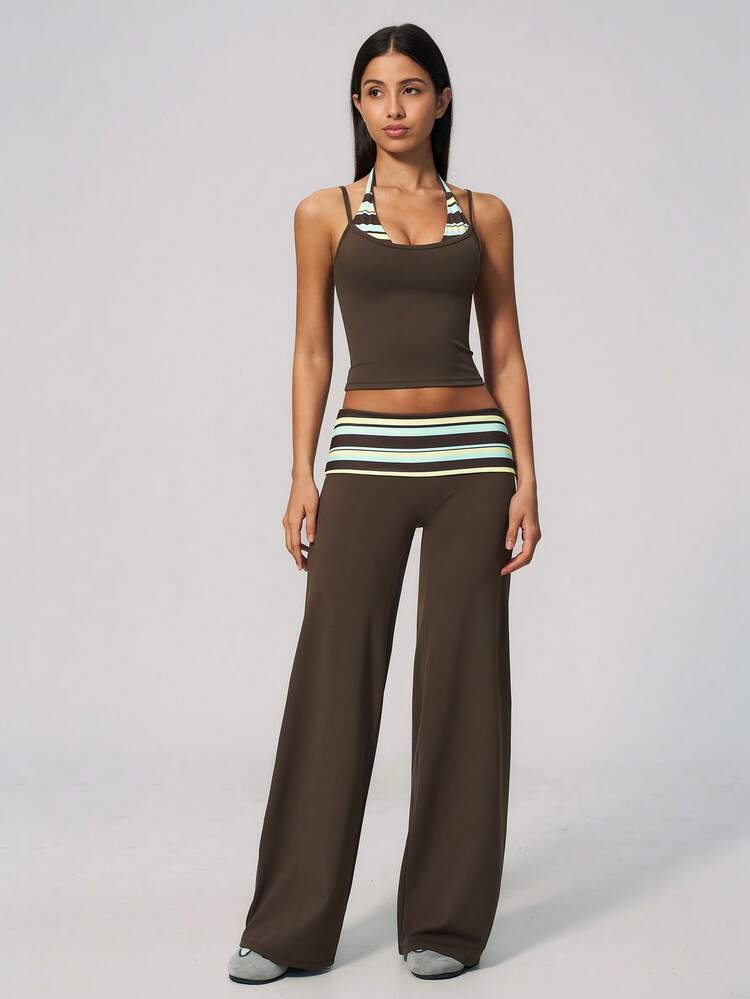 MASKERT Women's Contrast Color Back Vest Sports Pants Set For Yoga, Training, Running, Tennis, Golf, And Pilates - Brown - View 7