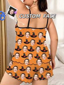 Women's Customized Face Photo Halloween Pajama Set, Personalized Photo Witch Hat Lingerie, Fun Orange Camisole & Shorts Loungewear Set - Multicolor - View 2