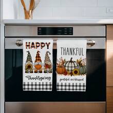 2PCS Kitchen Towels Black & White Plaid Maple Leaf Pumpkin & Gnome Pattern, Super Soft Microfiber Material Kitchen Towels Dish Cloths, Hand Towels, Tablecloths, Kitchen Decor, Kitchen Cleaning, Bathroom Cleaning, Holiday Party Decor, Kitchen & Bathroom Supplies Home Essentials, Home Decor, Housewarming Gift - Multicolor - View 5