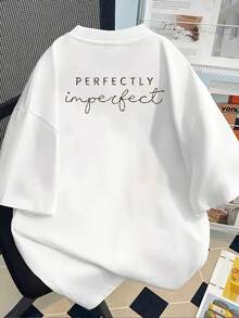 "Perfectly Imperfect" Graphic Crew Neck Tee For Ladies, Short Sleeve Daily Spring Summer Wear - 白色 - 查看 5