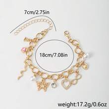 Cute Y2K Gold Chunky Link Charm Bracelet, Butterfly Heart Pearl Pink Flower Multi Charms Wrist Bracelet For Daily Outfit - Yellow Gold - View 6
