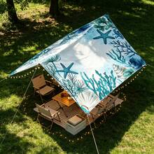 1pc Ocean Starfish Coral Print Outdoor Sunshade Canopy, Lightweight Breathable Waterproof Camping Tarp, Includes Ropes And Ground Stakes, UV Protection Windproof Sun Shelter, Suitable For Beach, Garden, Patio, Picnic, Yard - Baby Blue - View 1