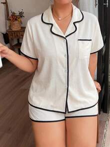 2pcs Set Piyama Wanita Ukuran Besar Warna Polos Minimalis Musim Panas Lengan Pendek Atasan Berkerah dan Celana Pendek Pita - Putih - View 1