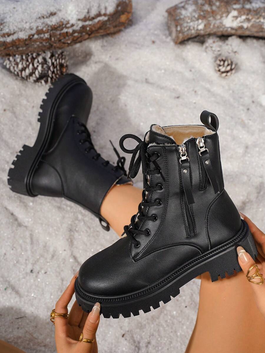 Botas de tobillo de invierno nuevas para mujer, botas de media pantorrilla con forro térmico, diseño con cremallera lateral y cordones delanteros, botas de invierno para exteriores, adecuadas para salidas diarias de invierno, botas negras - Negro - Ver 1