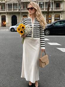 Women's Elegant Striped Crew Neck Knit Cardigan, Versatile Fashion Casual Sweater, Retro Jacket For Commuting, Autumn Fall - Black and White - View 1