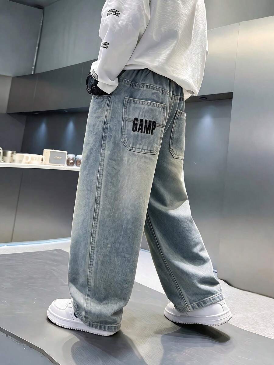 Boys' New 2026 Autumn Casual Loose Straight Leg Embroidered Denim Long Pants For Kids And Older Children - Light Wash - View 1