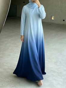 Elegant Gradient Color Long Sleeve Round Neck Knit Fabric Arabic Style Maxi Dress, Solid Blue Gradient Long Dress, Casual Loose Hem Muslim Maxi Dress - Blue - View 2