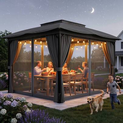 Bealife 10 X 12 FT Double Roof Patio Gazebo, Waterproof Outdoor Canopy Gazebo With Aluminum Frame, Mosquito Mesh Netting & Privacy Curtains, 8 Beams With Hooks For Backyard Garden Deck