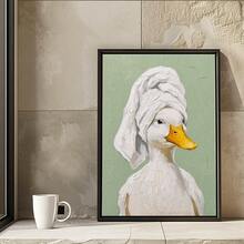 1pc Funny White Duck Wearing Head Towel Wall Art Canvas Poster Prints Oil Painting Artwork Picture Giclee Print Cute Animal Bathroom Restroom Bedroom Green Background Home Decoration Decors Unframed/Framed/Wooden Hanging - Pattern - View 1