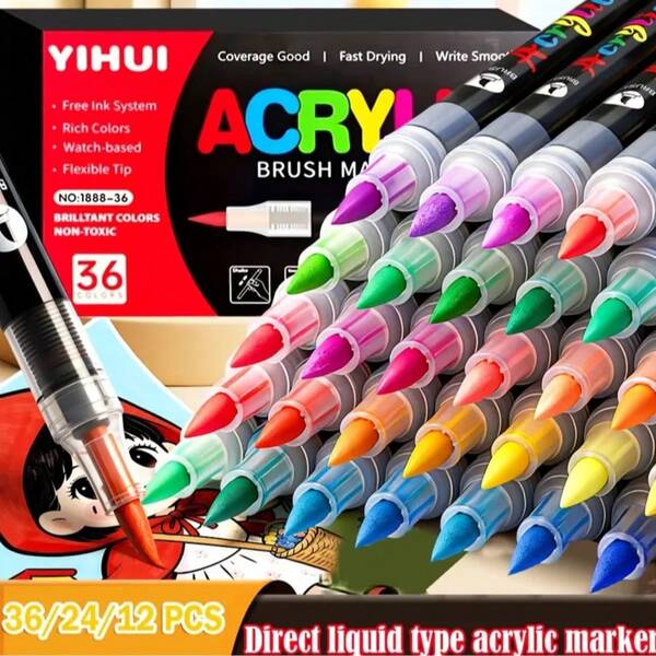 24/36/48/60 Colors Acrylic Paint Pens, Soft Brush Tip Acrylic Markers, Quick Drying Waterproof, Suitable For Canvas, Rock Painting, Wood, Stone, Glass, Ceramic, Fabric DIY Crafts, Back To School Gift