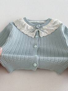 Korean Style Soft Baby Girls Knit 2 Pieces Set, Waffle Lace Collar Long Sleeve Cardigan And Lace Bow Contrast Color Long Pants Outfit - Mint Blue - View 5