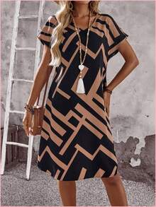 Qionghai city renqianjia trading Vestido midi de manga corta para mujer, con estampado geométrico, vestido de verano bohemio para carnaval de primave - Multicolor13 - Ver 7
