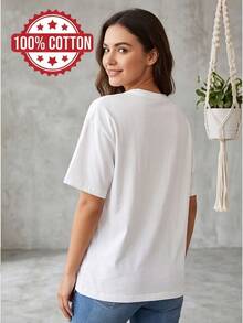 Graphic Crew Neck Short Sleeve Tee For Ladies, Casual Daily Outfit For Spring & Summer - 白色 - 查看 2