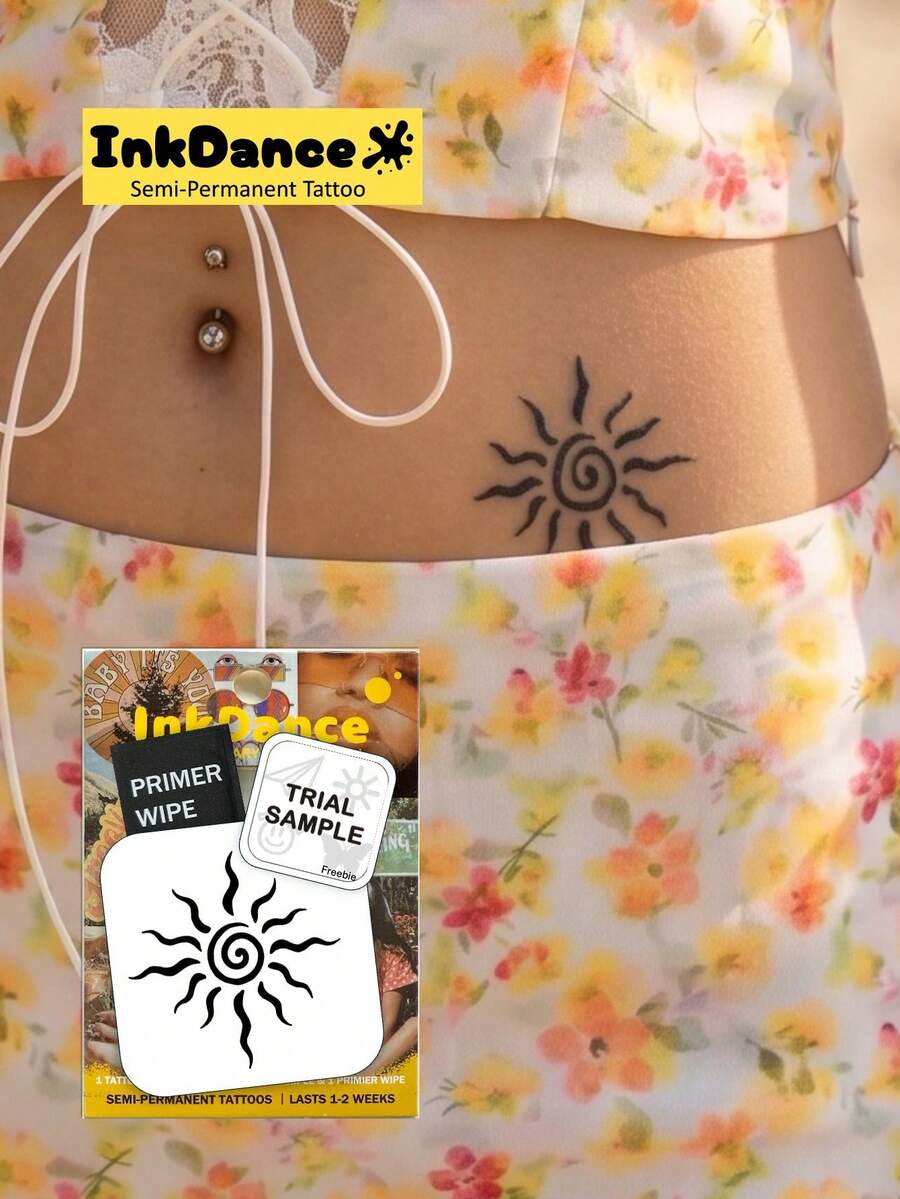 1組「Spiral Sun」新科技紋身貼,半永久性,波希米亞風,大膽 Y2K 風格,臨時紋身貼,仿真紋身,防水且持久,逼真設計,植物基配方,InkDance,Ink Dance,禮物 MNF083 - 黑色 - 查看 1